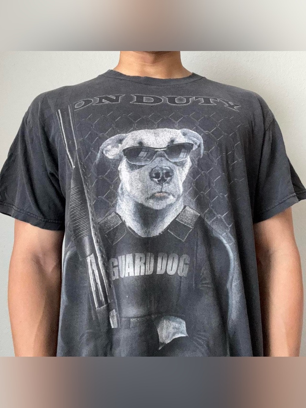 Vintage 2000s Guard Dog on Duty Graphics Black Tee Shirt